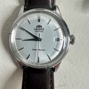 Orient Bambino silver white automatic watch 38mm brown and black leather band